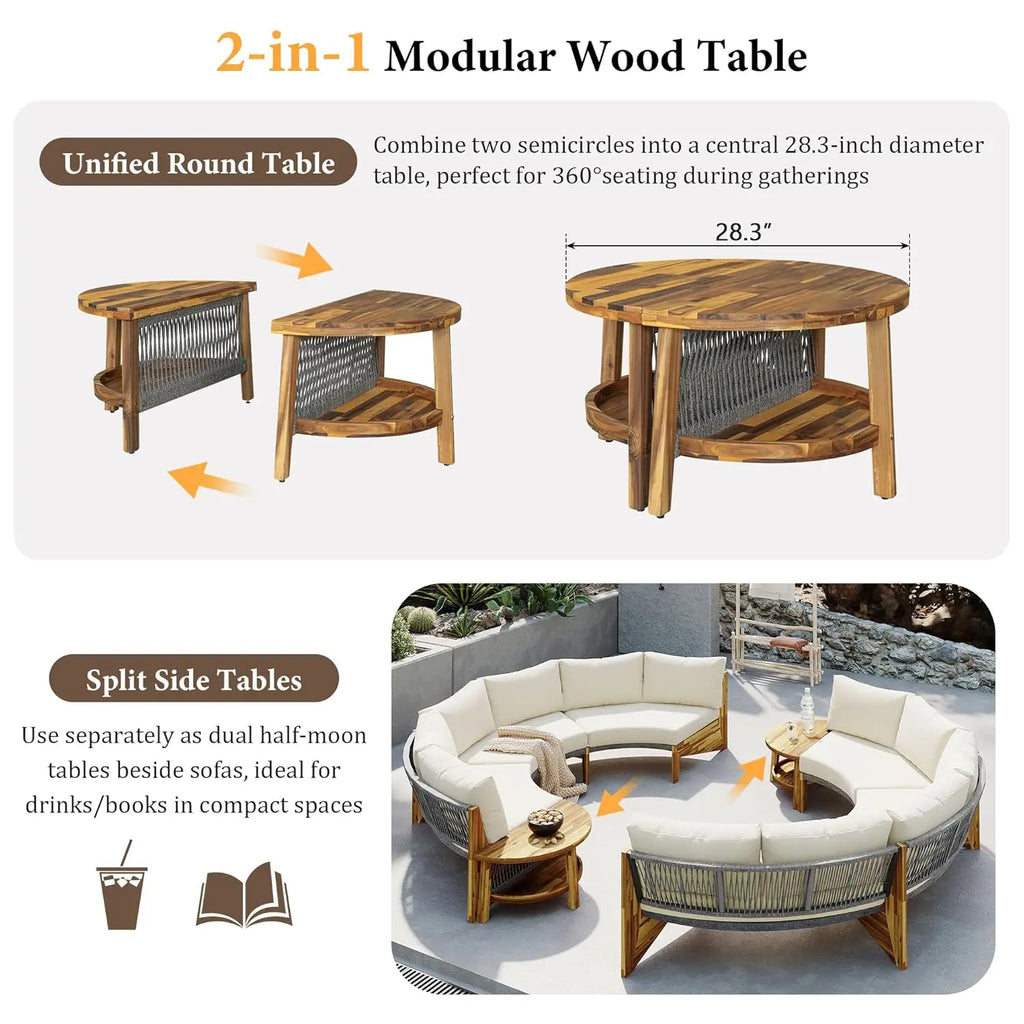 Acacia Wood Half-Moon Outdoor Sofa Set w/ Coffee Table - 6 Seat