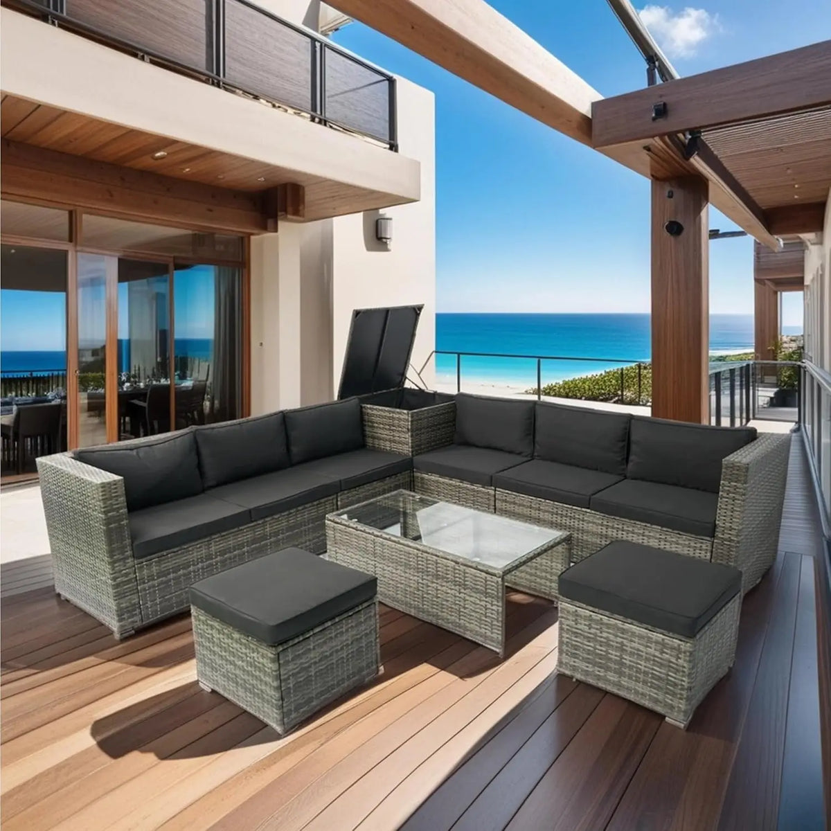 Acacia Wood Half-Moon Outdoor Sofa Set w/ Coffee Table - 6 Seat