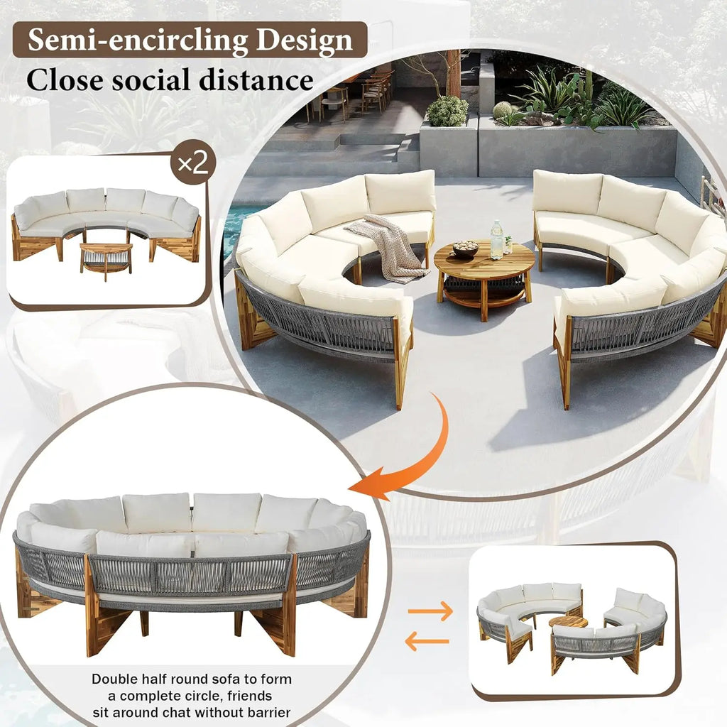 Acacia Wood Half-Moon Outdoor Sofa Set w/ Coffee Table - 6 Seat