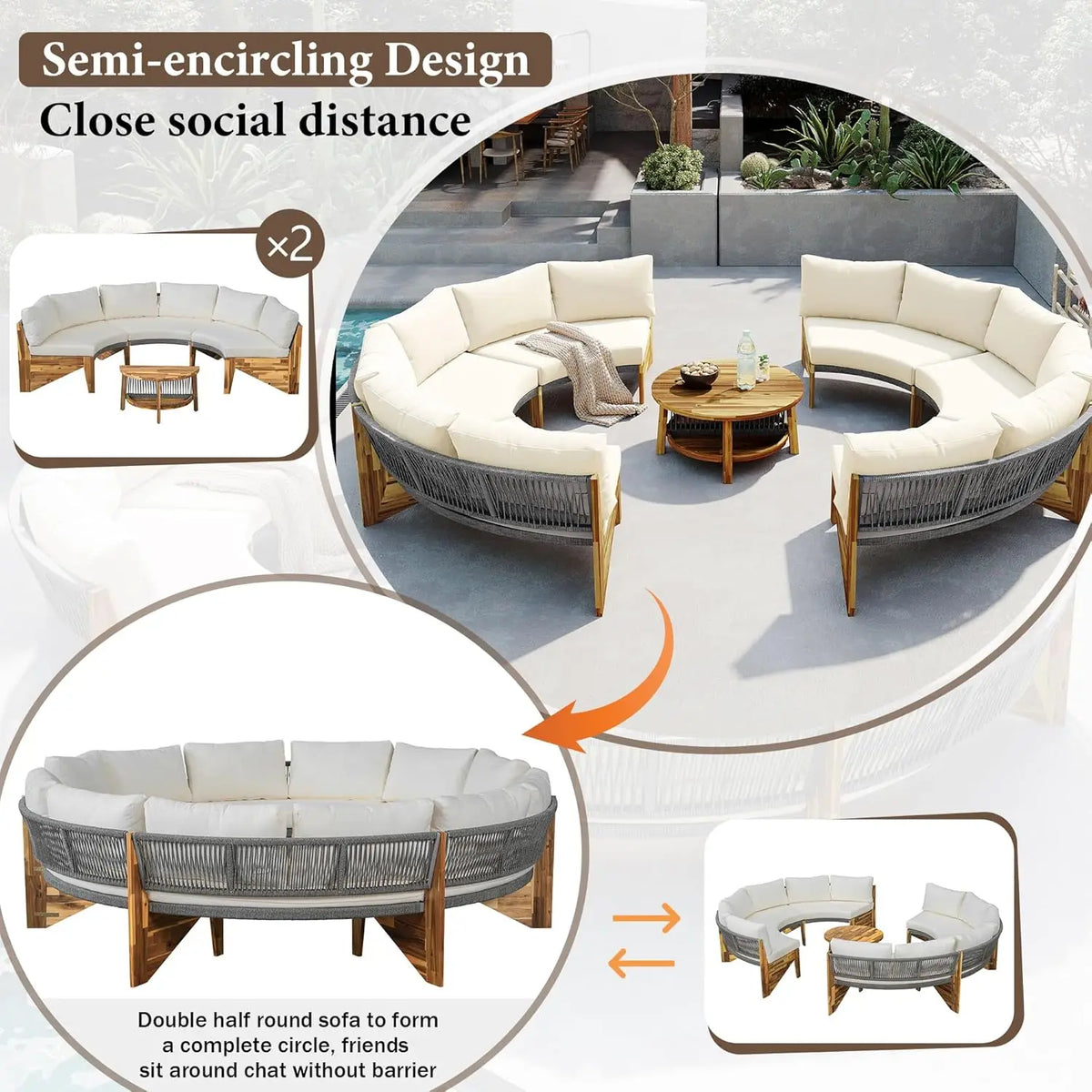 Acacia Wood Half-Moon Outdoor Sofa Set w/ Coffee Table - 6 Seat