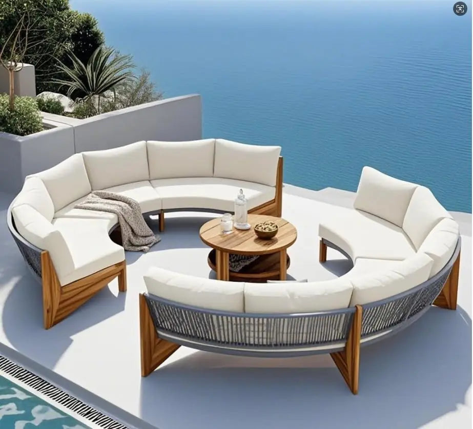 Acacia Wood Half-Moon Outdoor Sofa Set w/ Coffee Table - 6 Seat