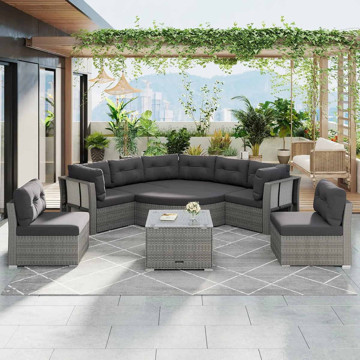 Acacia Wood Half-Moon Outdoor Sofa Set w/ Coffee Table - 6 Seat