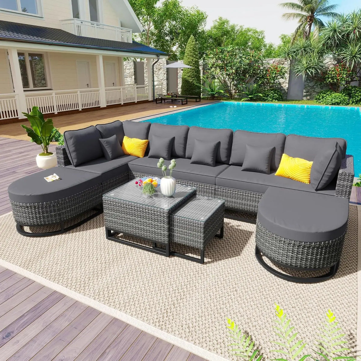 Acacia Wood Half-Moon Outdoor Sofa Set w/ Coffee Table - 6 Seat