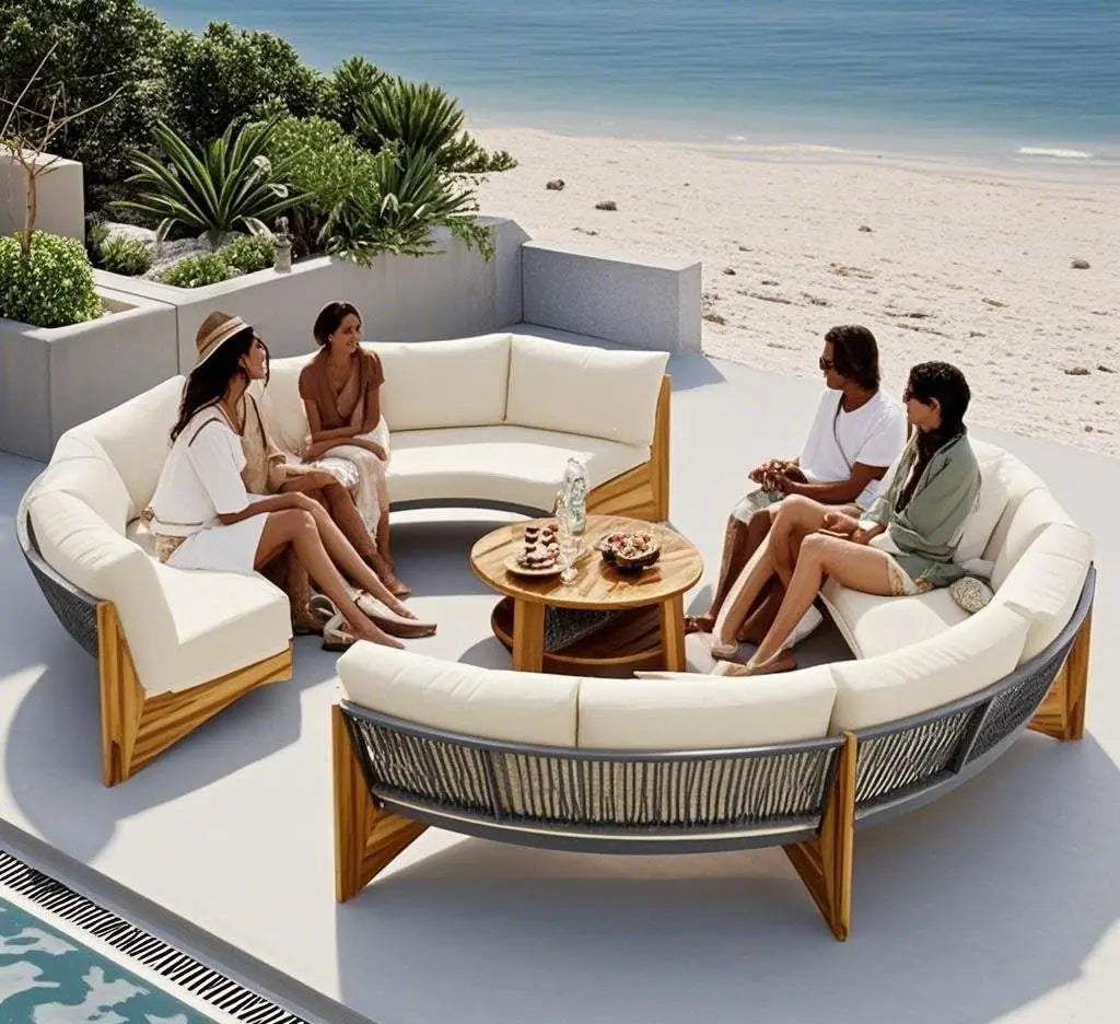 Acacia Wood Half-Moon Outdoor Sofa Set w/ Coffee Table - 6 Seat