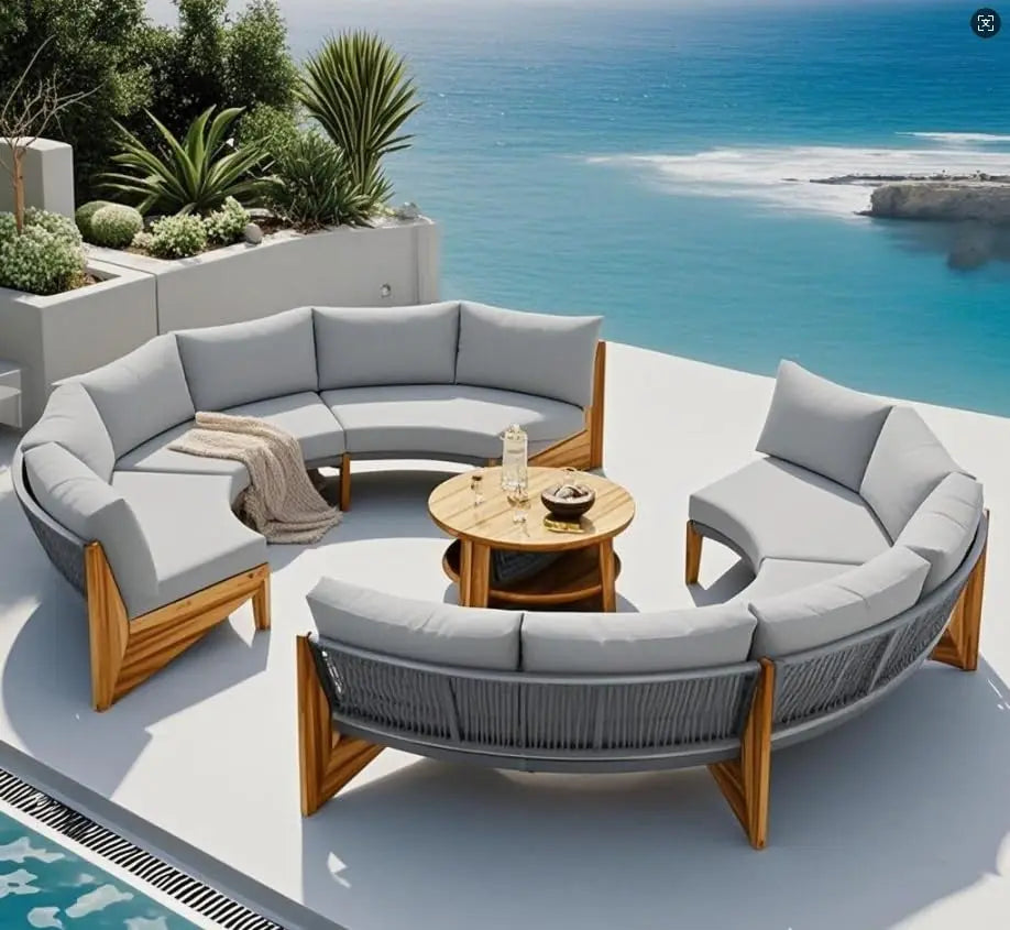 Acacia Wood Half-Moon Outdoor Sofa Set w/ Coffee Table - 6 Seat