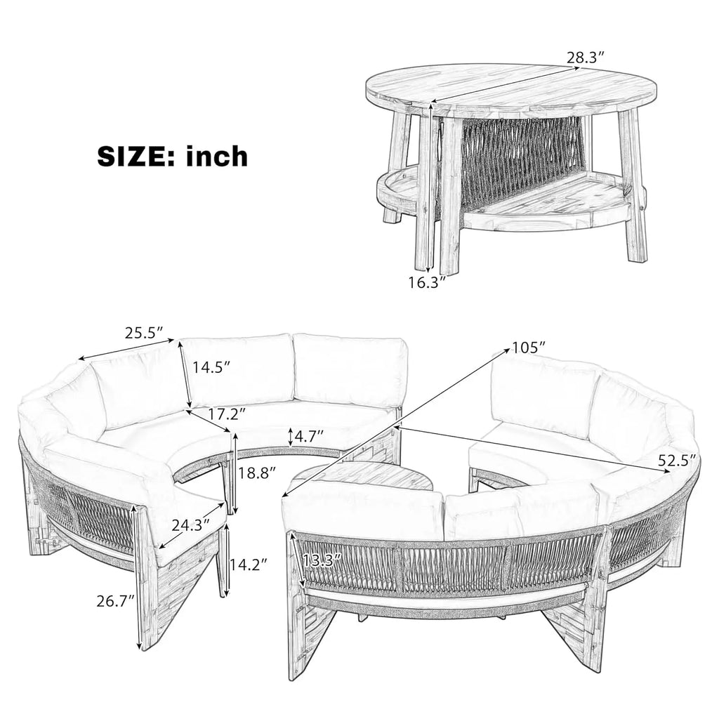 Acacia Wood Half-Moon Outdoor Sofa Set w/ Coffee Table - 6 Seat