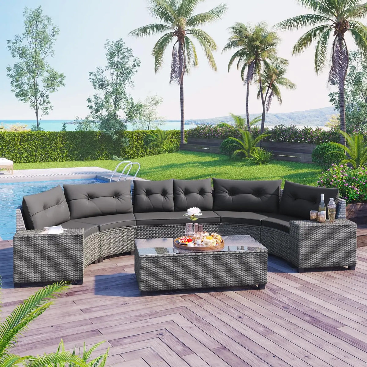 Acacia Wood Half-Moon Outdoor Sofa Set w/ Coffee Table - 6 Seat