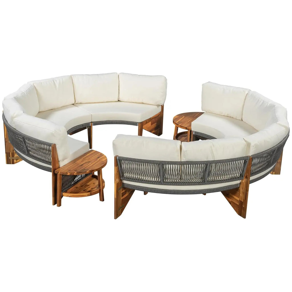 Acacia Wood Half-Moon Outdoor Sofa Set w/ Coffee Table - 6 Seat