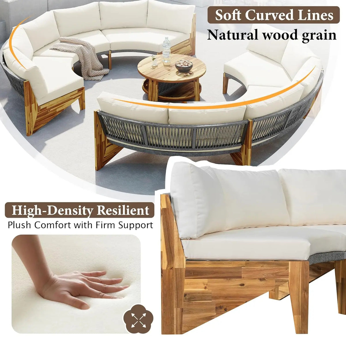 Acacia Wood Half-Moon Outdoor Sofa Set w/ Coffee Table - 6 Seat